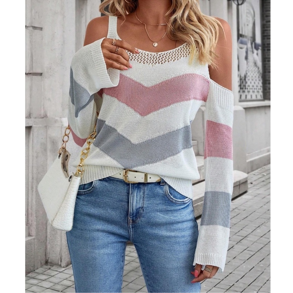 Color Block Cold Shoulder Colorful Sweater Top XS S M L